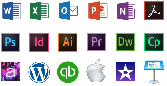 san francisco tech training, logos for excel, powerpoint, outlook, photoshop adobe