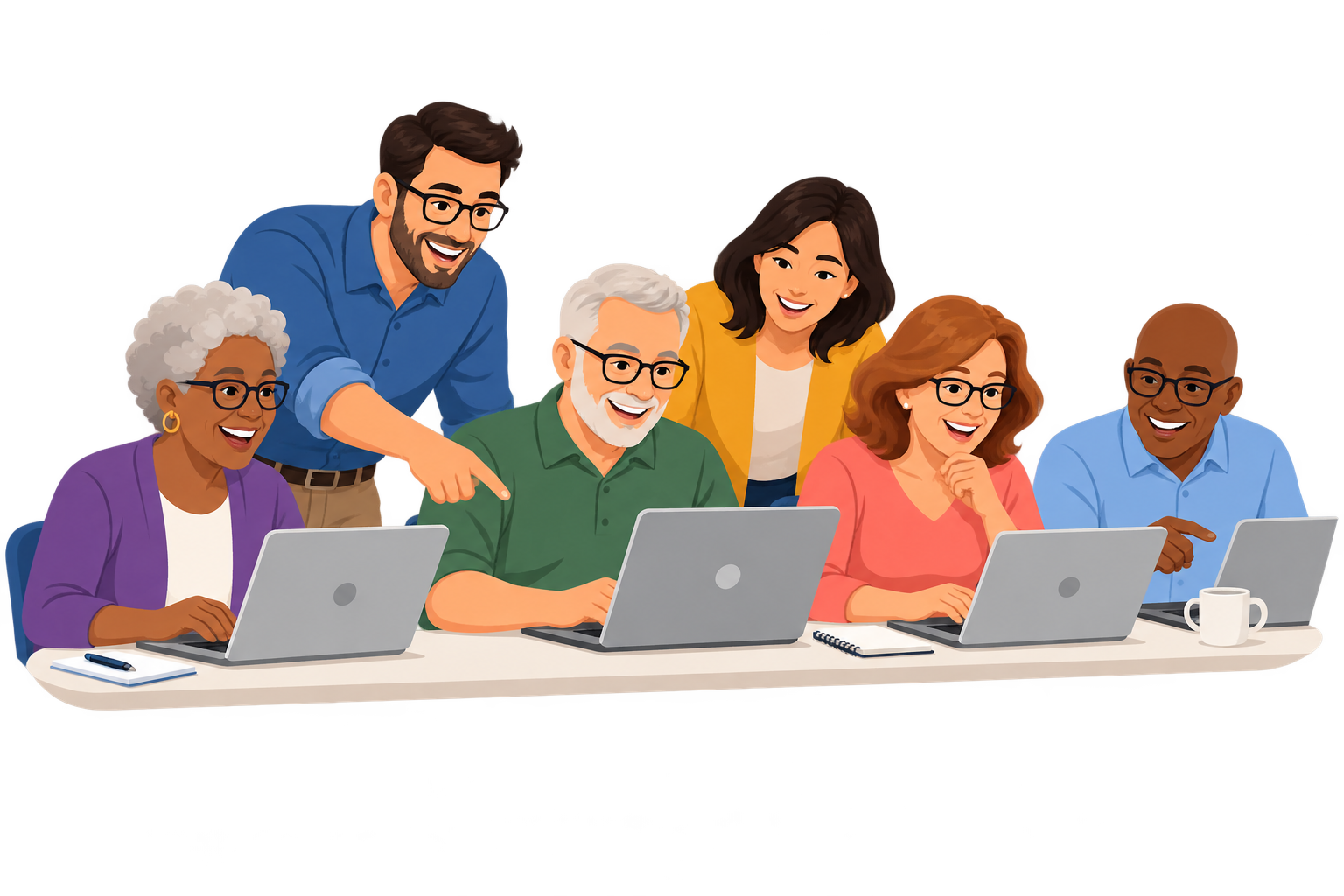 A diverse group of adults learning together in a computer training class